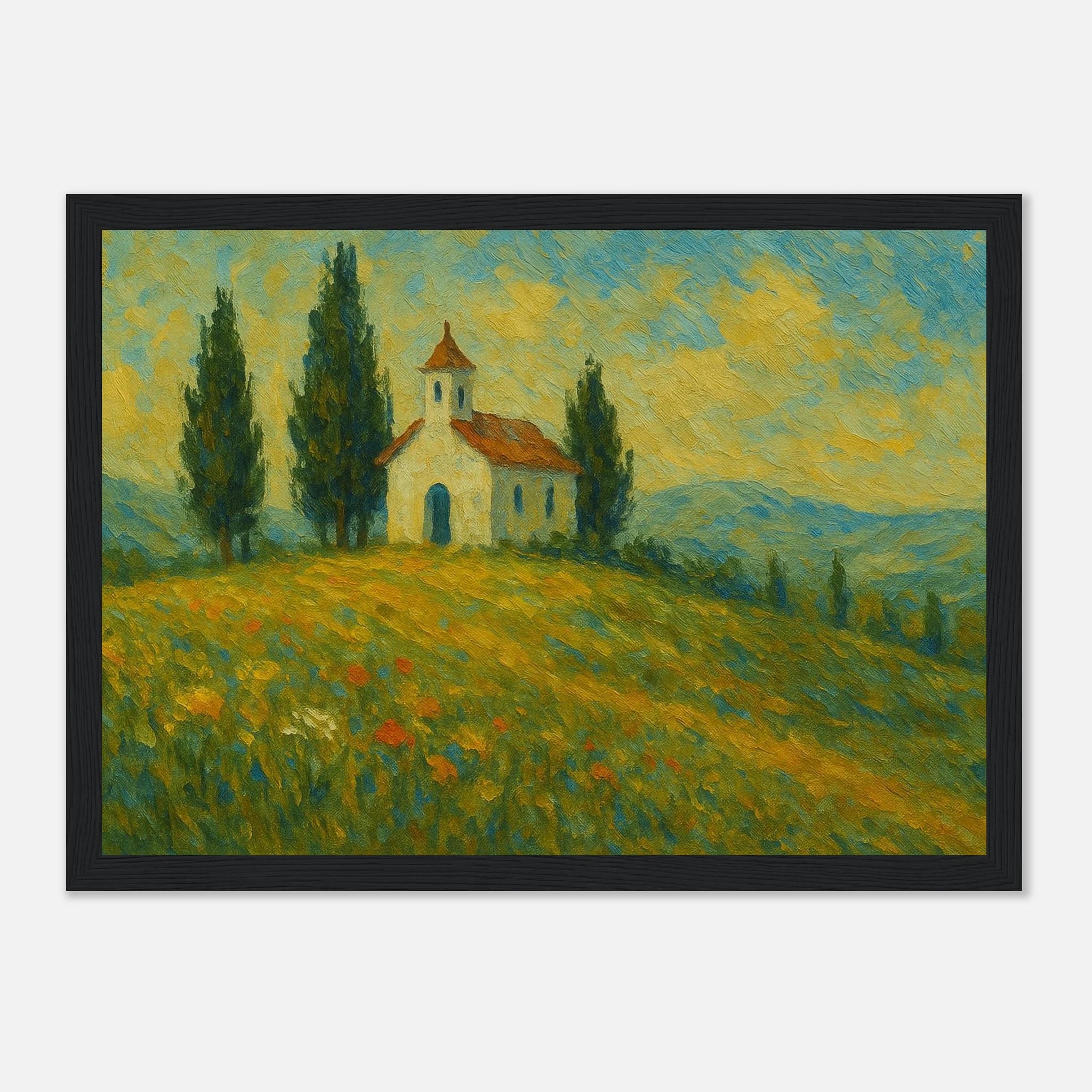 Black frame 21x29.7 cm 8x12" - “Chapel on the Hill” | Countryside Church Landscape Print - Play By Print