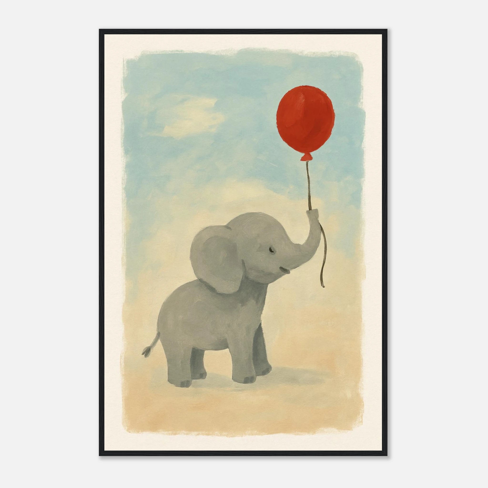 Black frame 60x90 cm 24x36″ - Baby Elephant with Balloon – Gouache Nursery Art Print - Play By Print