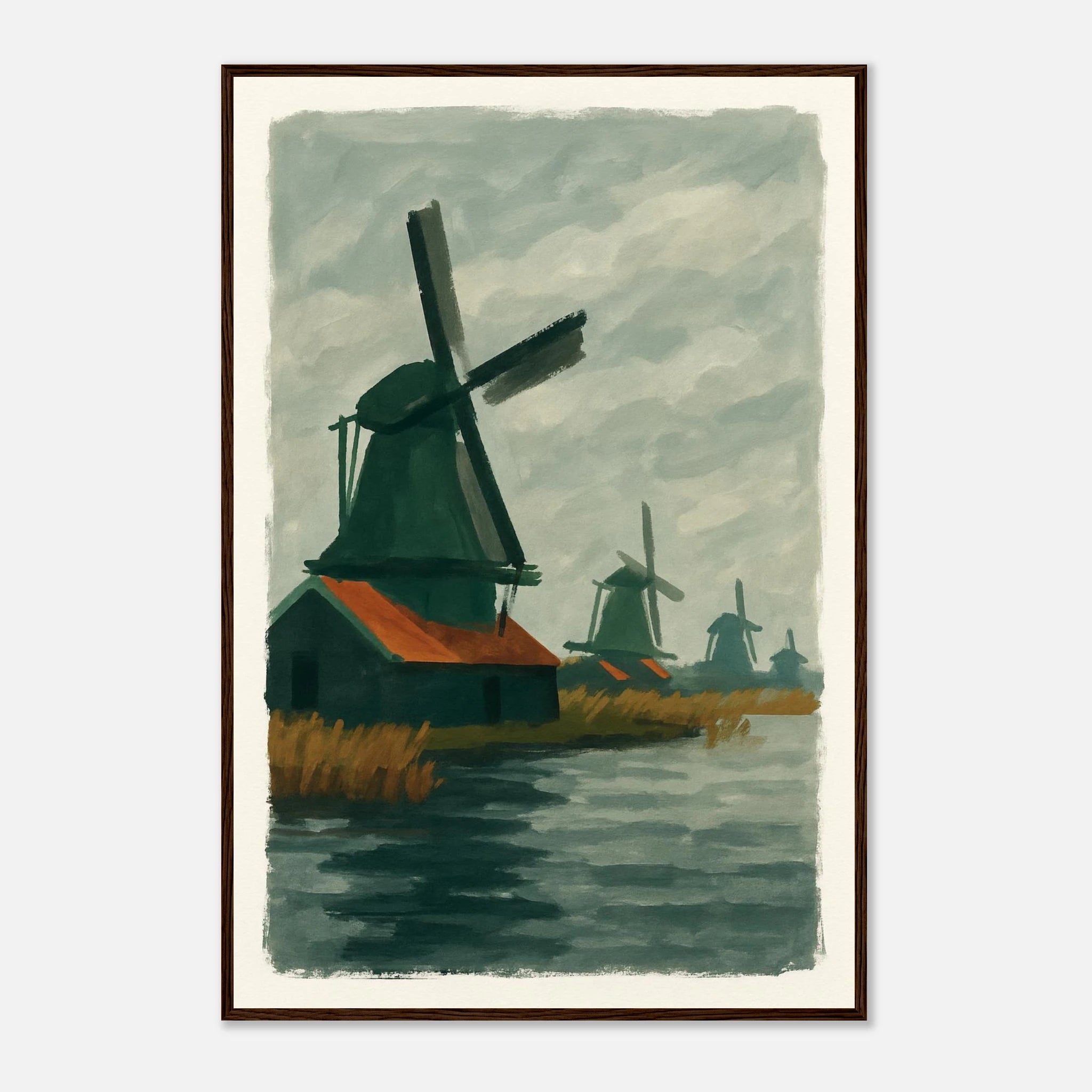 Dark wood frame 60x90 cm 24x36″ - Dutch Windmills at Zaandam – Gouache-Style Art Print - Play By Print