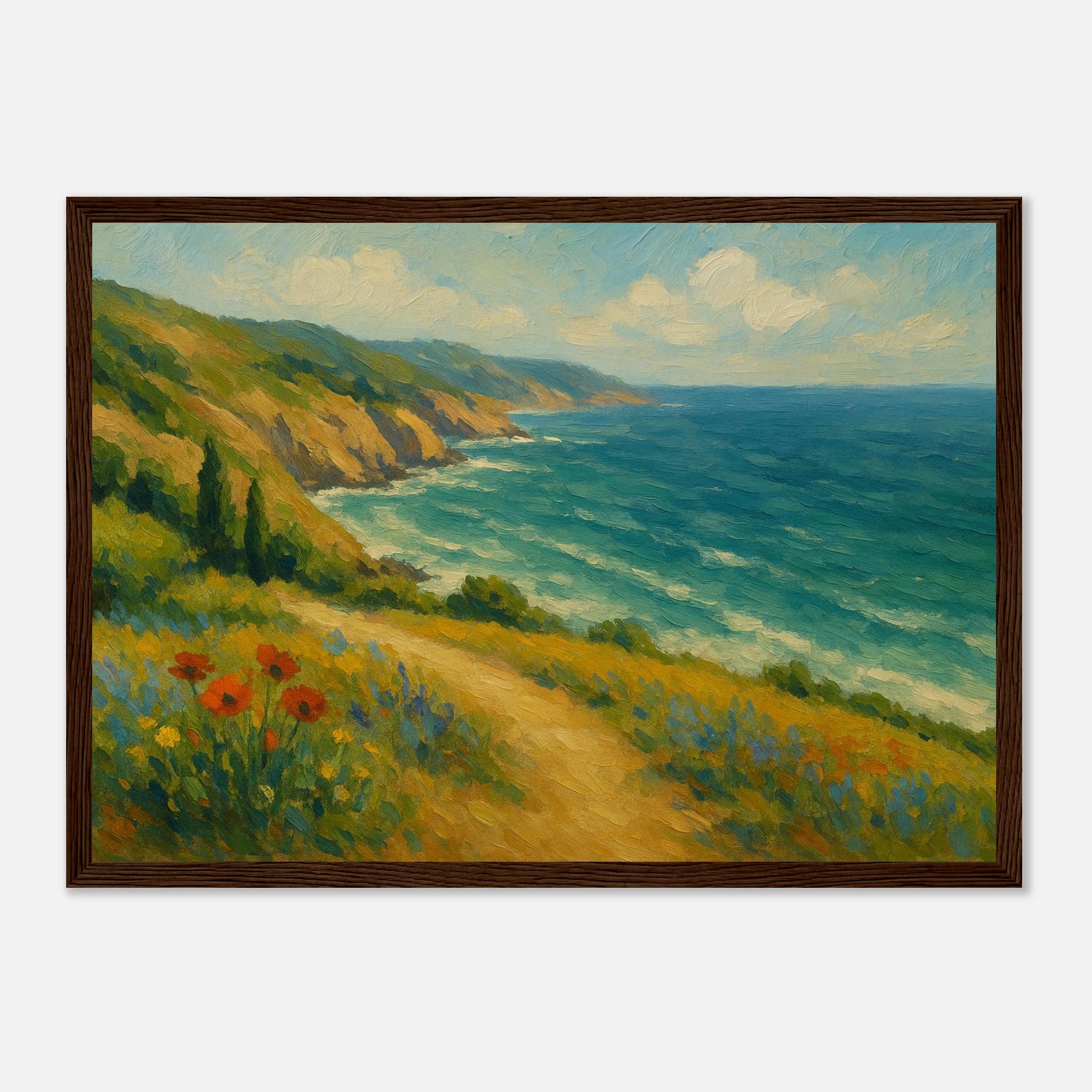 Dark wood frame A3 (29.7 x 42 cm) - “Coastal Wildflowers & Whispering Waves” | Ocean Cliff Landscape - Play By Print