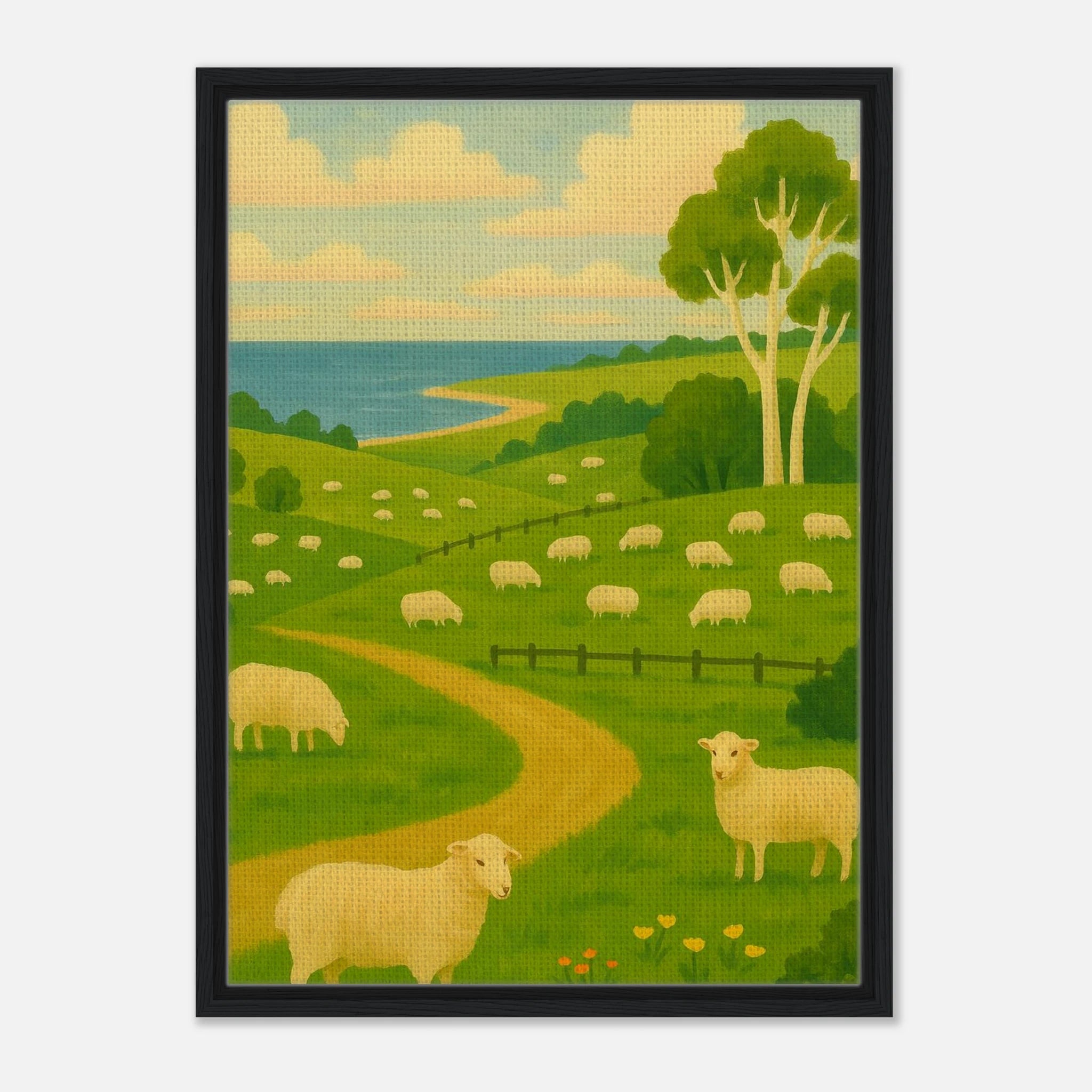 Black frame 50x70 cm 20x28″ - Coastal Sheep Meadow – Australian Pasture Canvas Wall Art - Play By Print