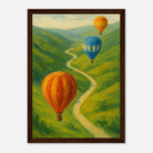 Dark wood frame 21x29.7 cm 8x12" - Up & Away – Hot Air Balloons Over Green Hills Wall Art Print - Play By Print