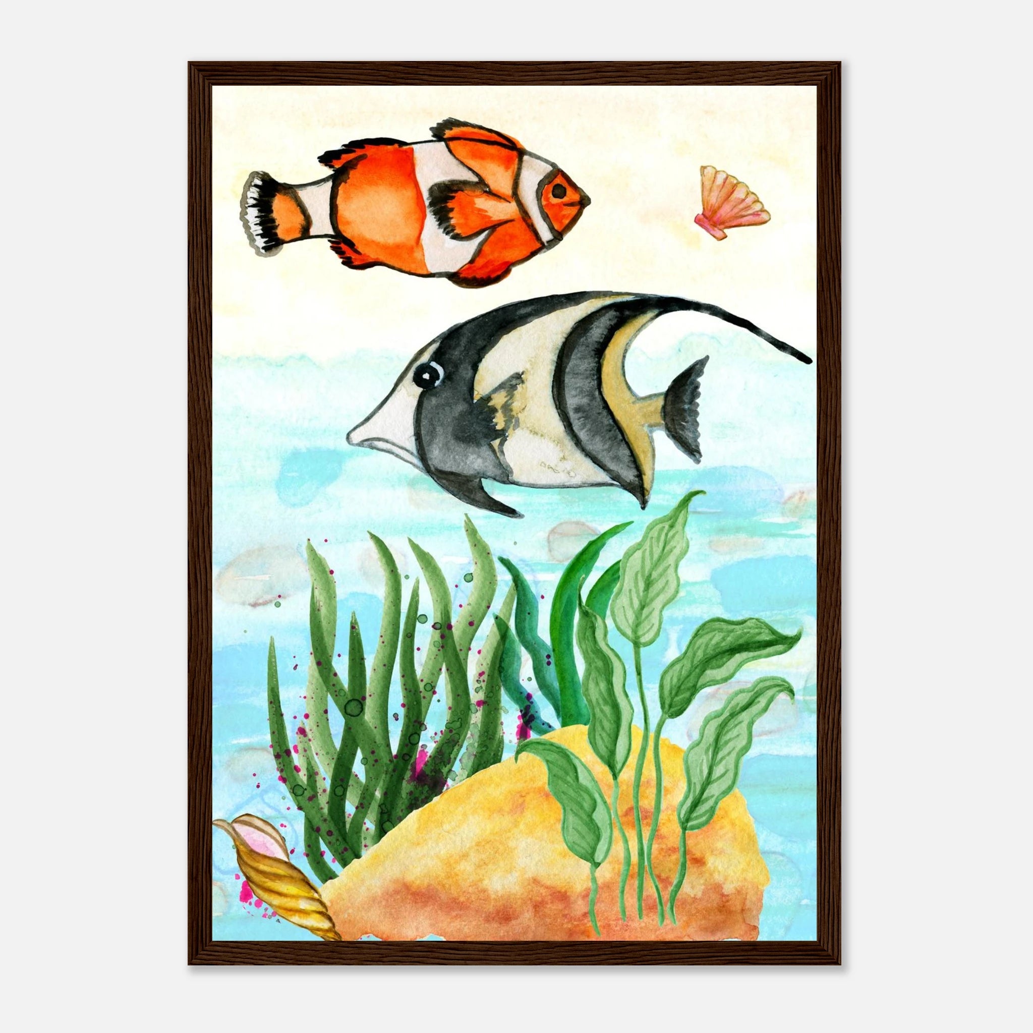 Dark wood frame - Underwater Friends – Tropical Fish Watercolour Print 🐟🌿 - Play By Print