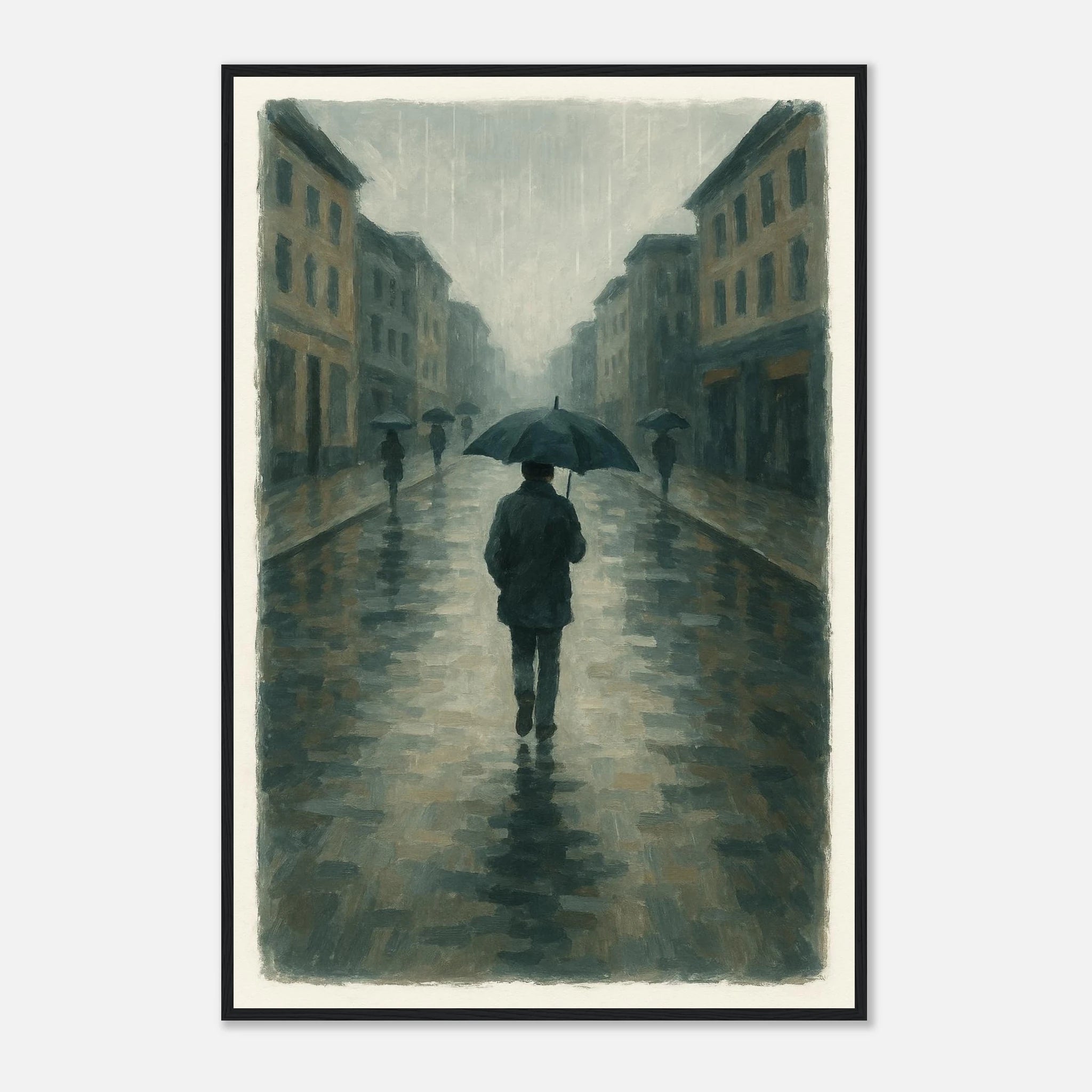 Black frame 60x90 cm 24x36″ - Rainy City Walk – Gouache-Style Art Print - Play By Print