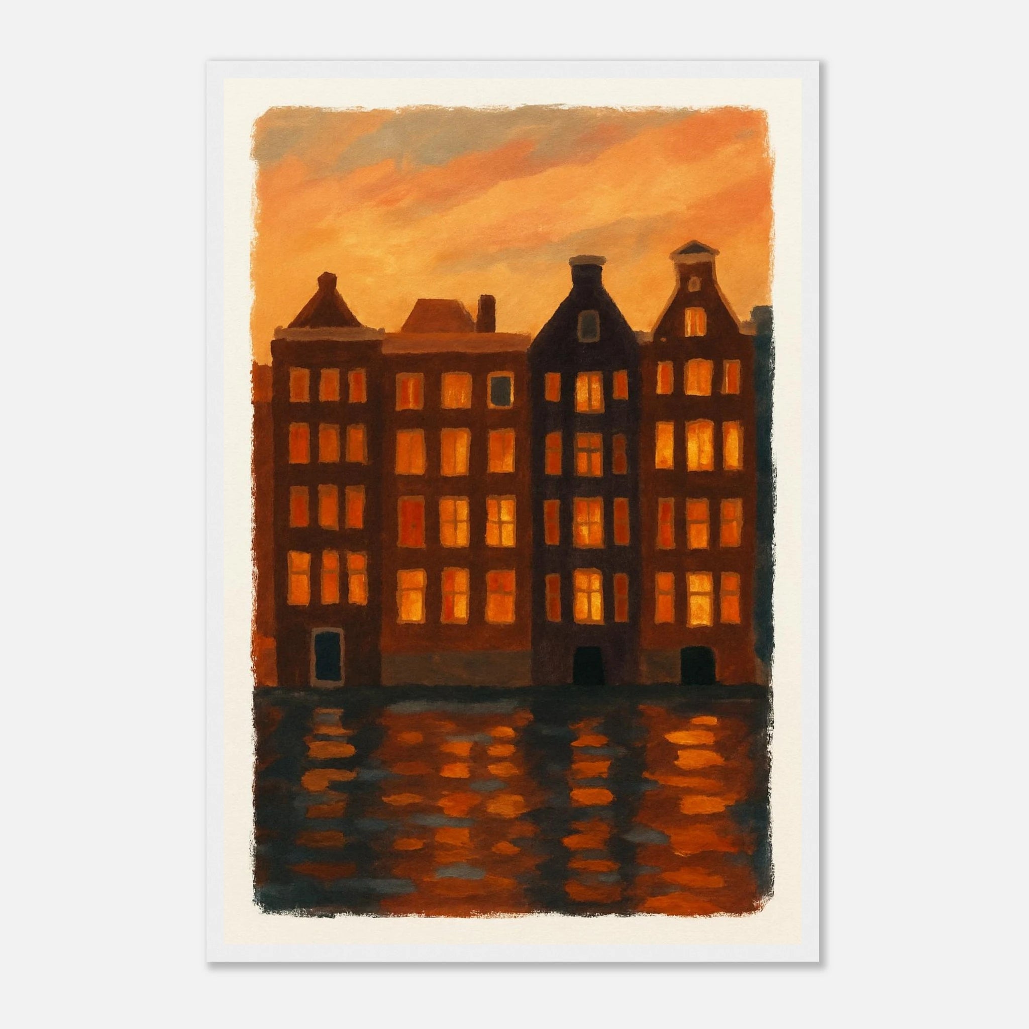 White frame 40x60 cm 16x24″ - Golden Reflections – Amsterdam Canal Houses at Sunset Wall Art Print - Play By Print