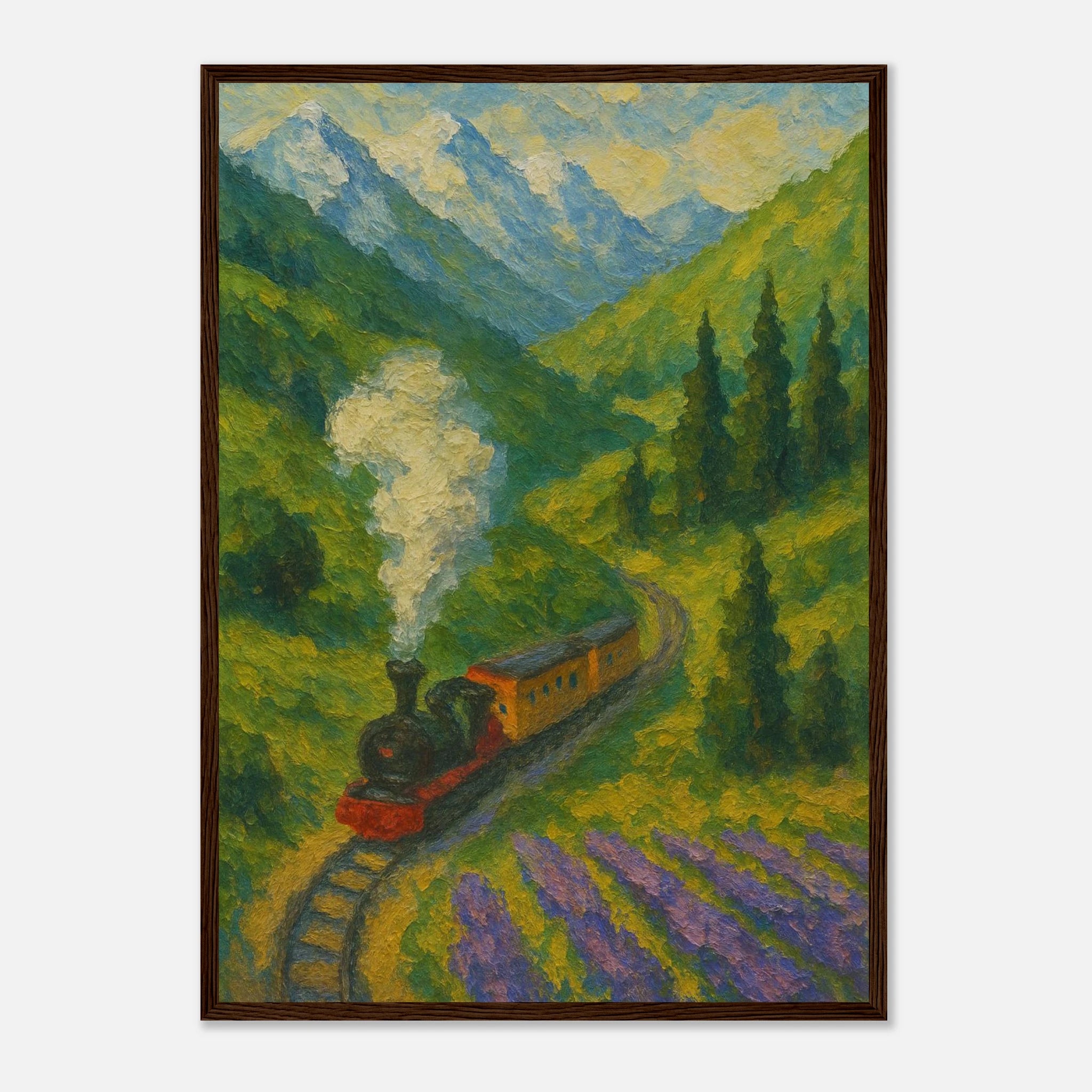 Dark wood frame A2 (42 x 59.4 cm) - Mountain Steam Train Wall Art | Textured Painterly Travel - Play By Print