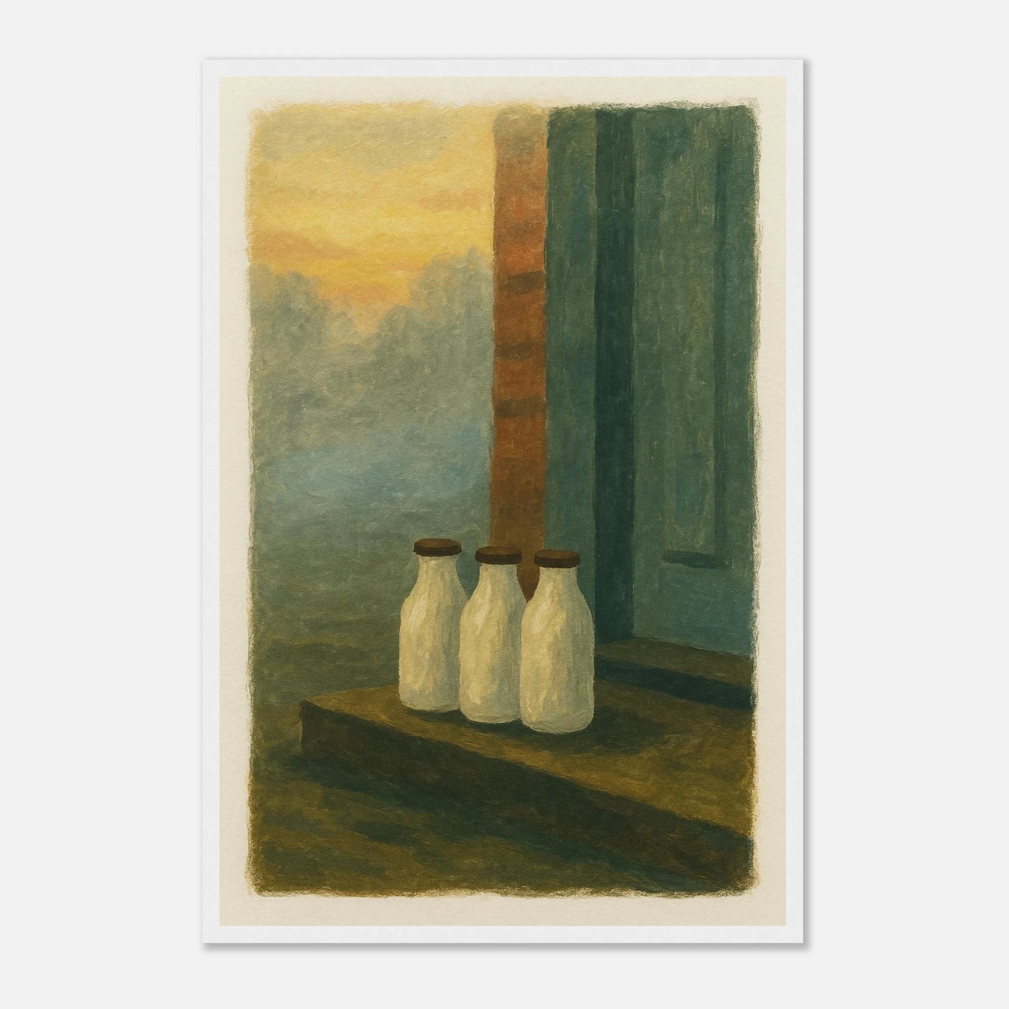 White frame 40x60 cm 16x24″ - Milk Bottles at Dawn – Gouache Still Life Art Print - Play By Print