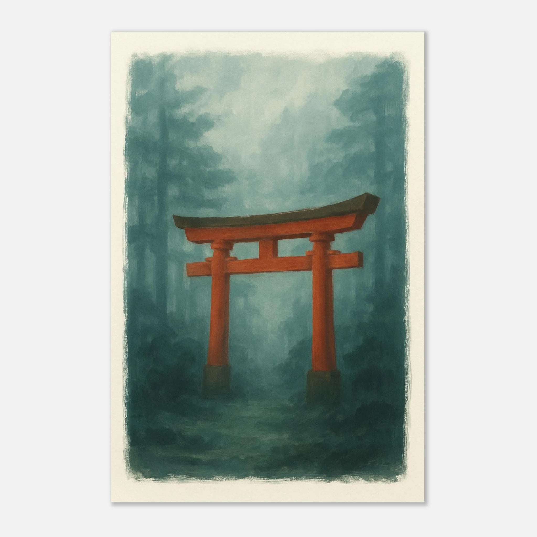 Unframed 60x90 cm 24x36″ - Torii Gate in Mist – Gouache Japanese Landscape Art Print - Play By Print