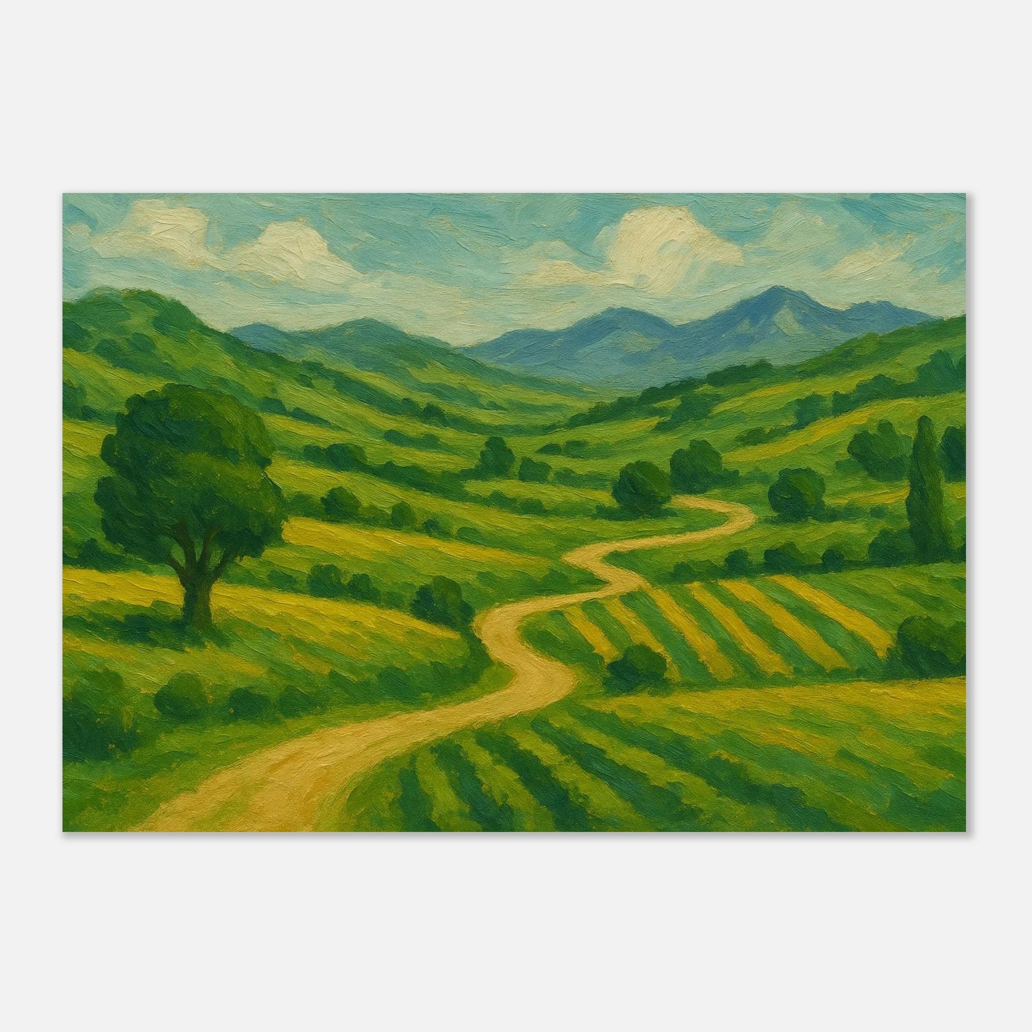 Unframed A3 (29.7 x 42 cm) - “Winding Through Green” | Rolling Hills Countryside Print - Play By Print