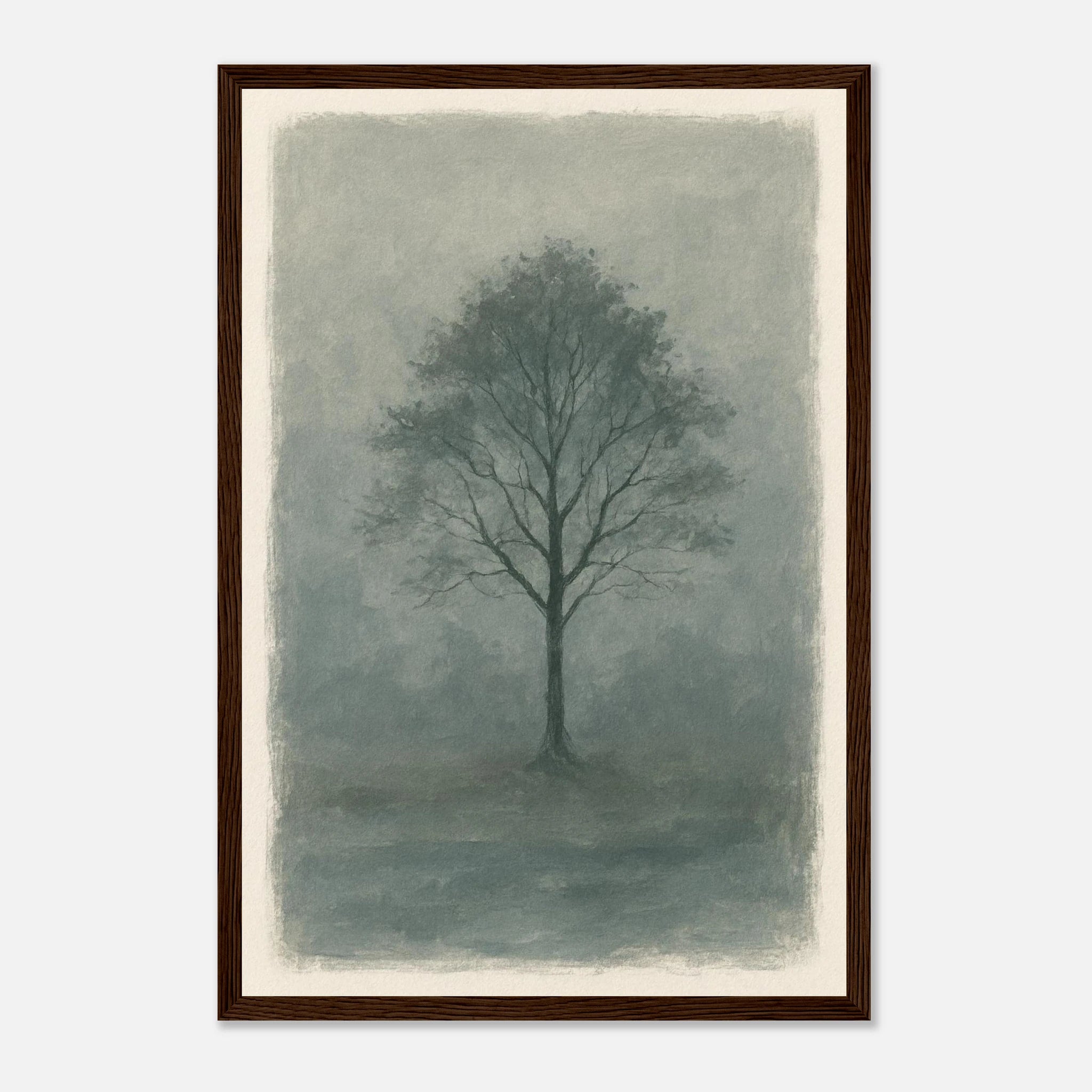 Dark wood frame 30x45 cm 12x18″ - Misty Monochrome Tree – Minimalist Landscape Art Print - Play By Print