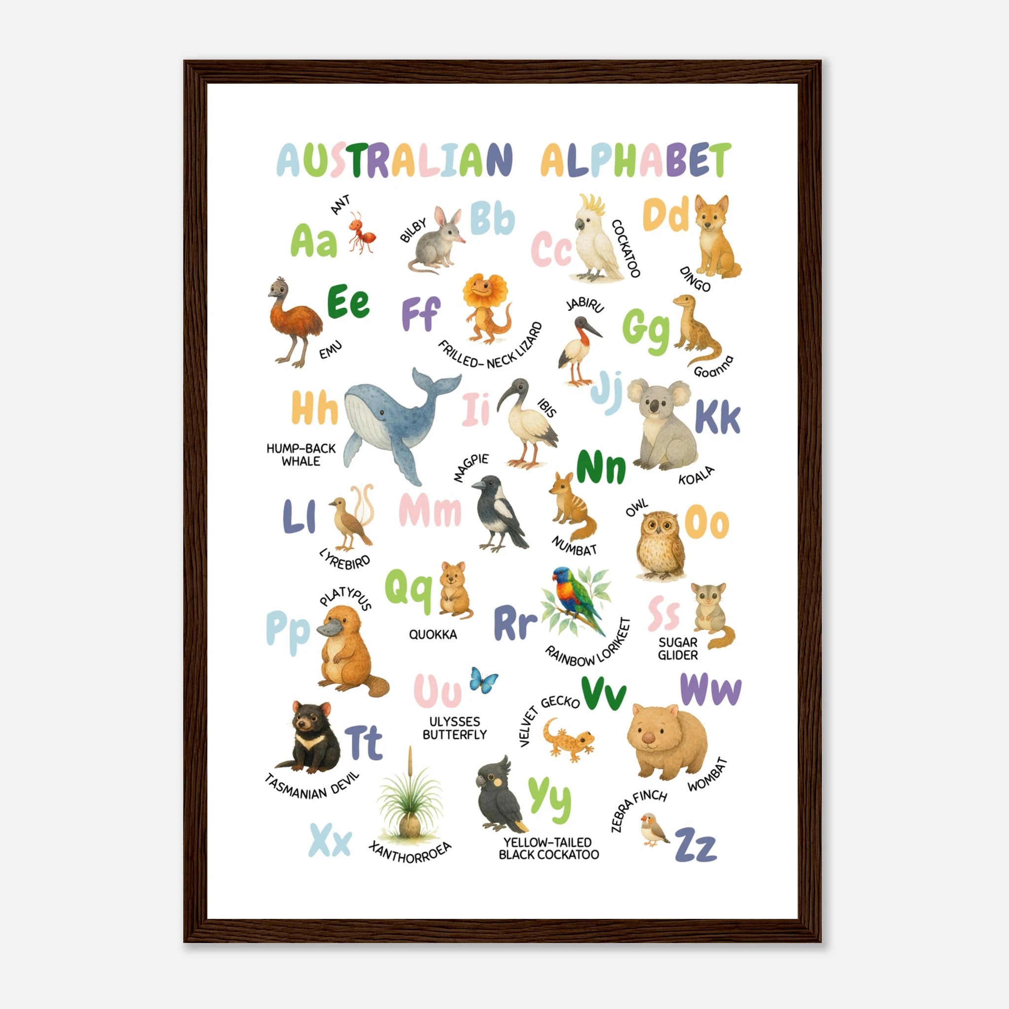 Dark wood frame - Australian Animal Alphabet Poster – Watercolour ABC Chart for Kids - Play By Print