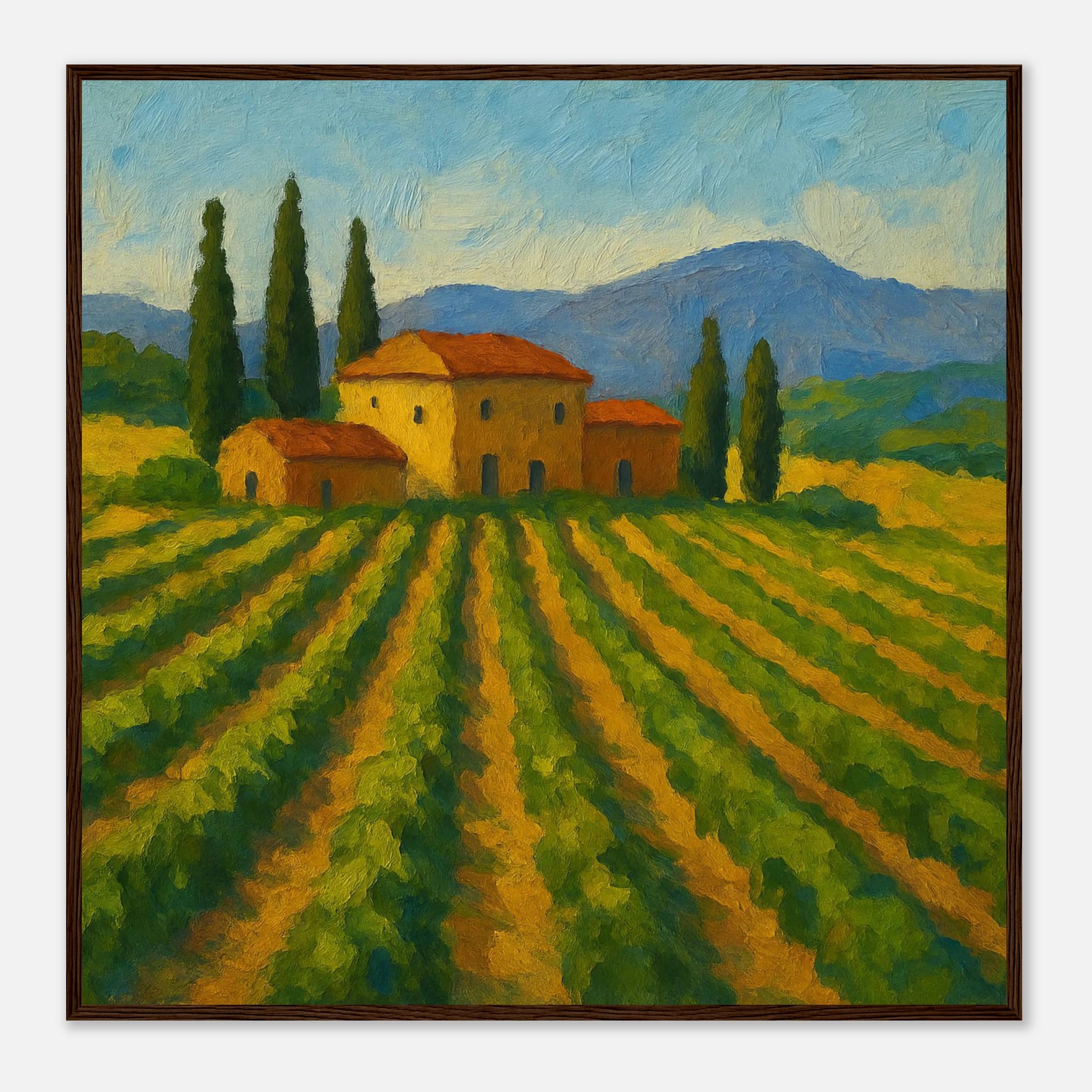 Dark wood frame 70x70 cm 28x28″ - “Golden Rows” | Tuscany Vineyard Landscape Print - Play By Print