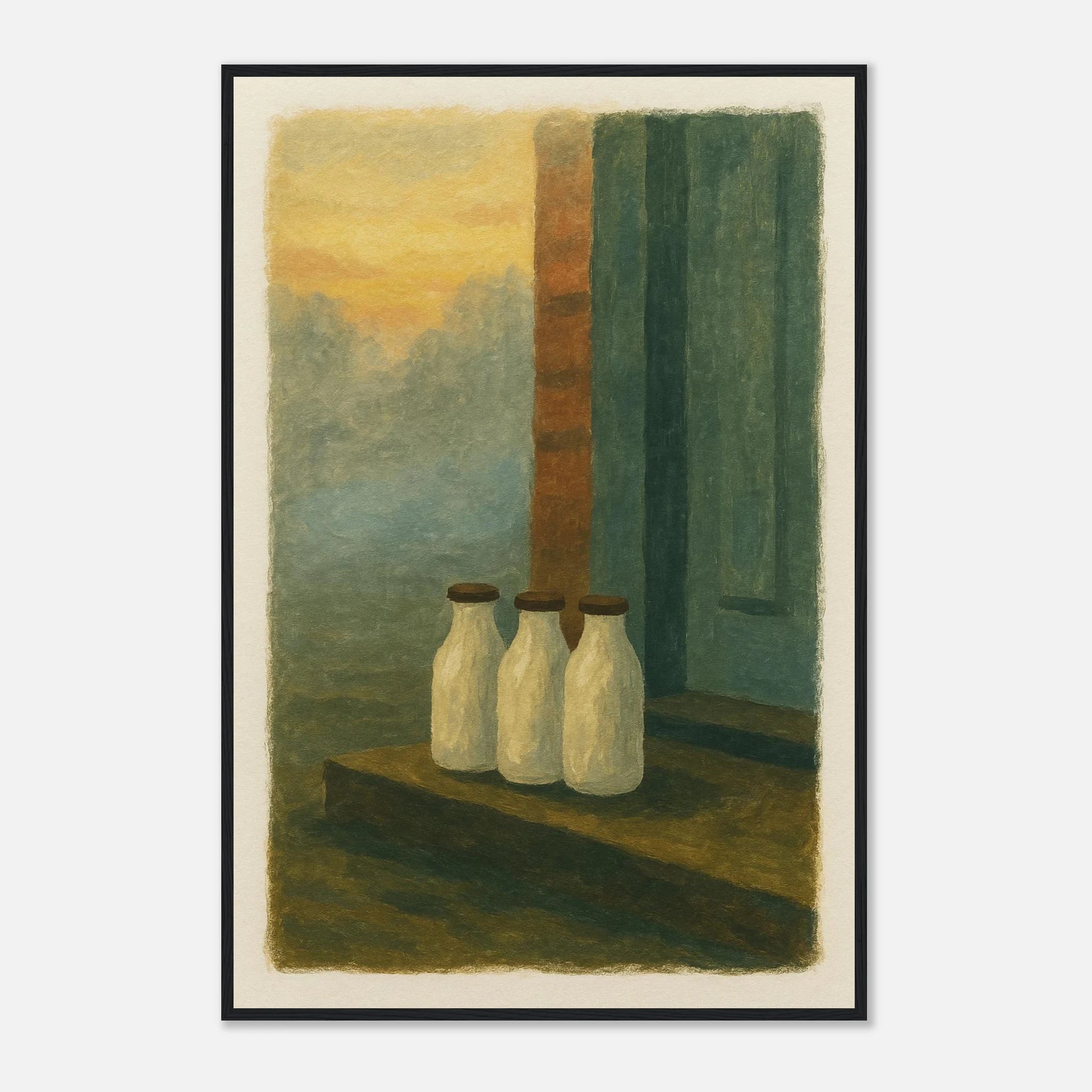 Black frame 60x90 cm 24x36″ - Milk Bottles at Dawn – Gouache Still Life Art Print - Play By Print