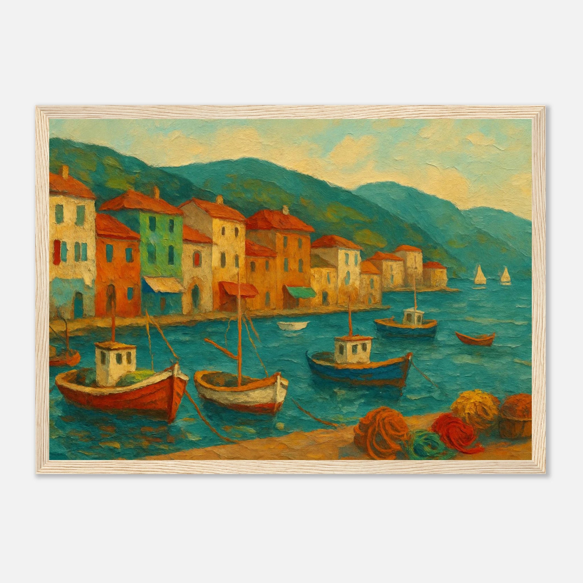 Wood frame A3 (29.7 x 42 cm) - Harbour Harmony – Mediterranean Village Wall Art Print - Play By Print