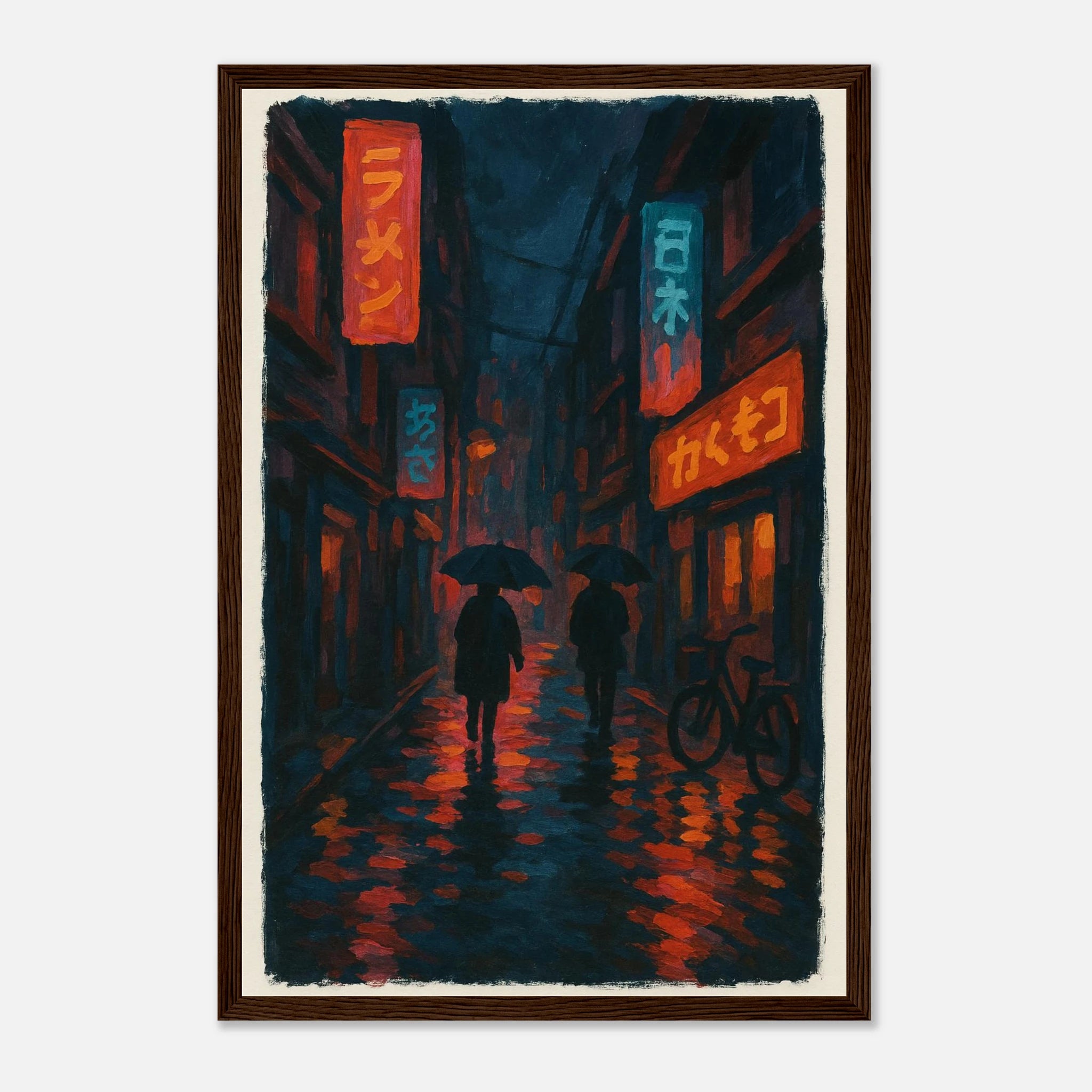 Dark wood frame 30x45 cm 12x18″ - City Shadows – Rainy Night in Tokyo Neon Alley Print - Play By Print