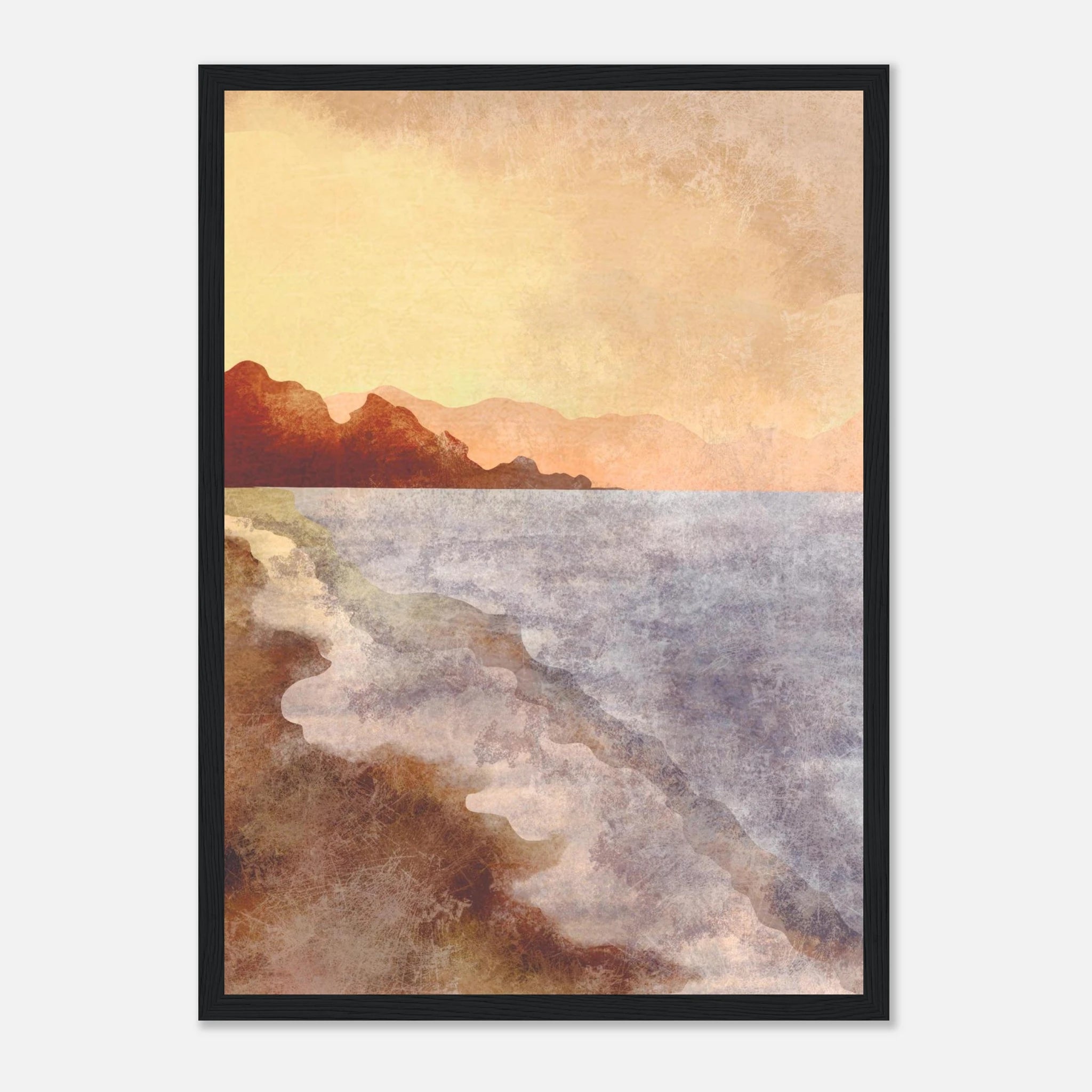 Black frame - Golden Coastline – Watercolour Sunset Seascape Art Print - Daisy