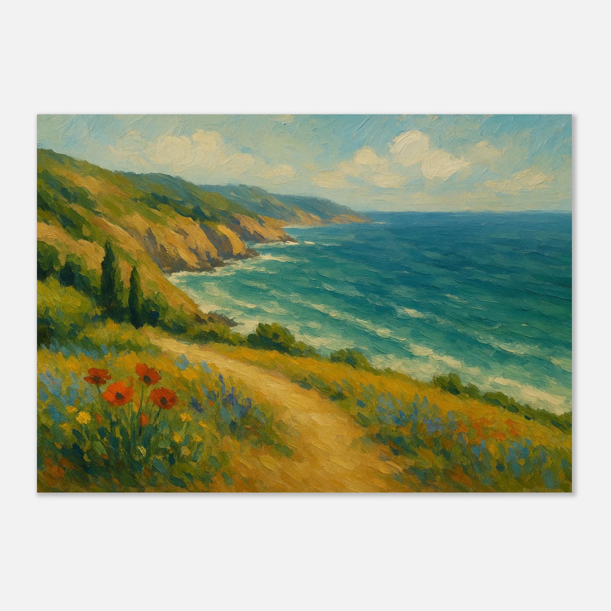 Unframed A2 (42 x 59.4 cm) - “Coastal Wildflowers & Whispering Waves” | Ocean Cliff Landscape - Play By Print