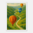 White frame 21x29.7 cm 8x12" - Up & Away – Hot Air Balloons Over Green Hills Wall Art Print - Play By Print