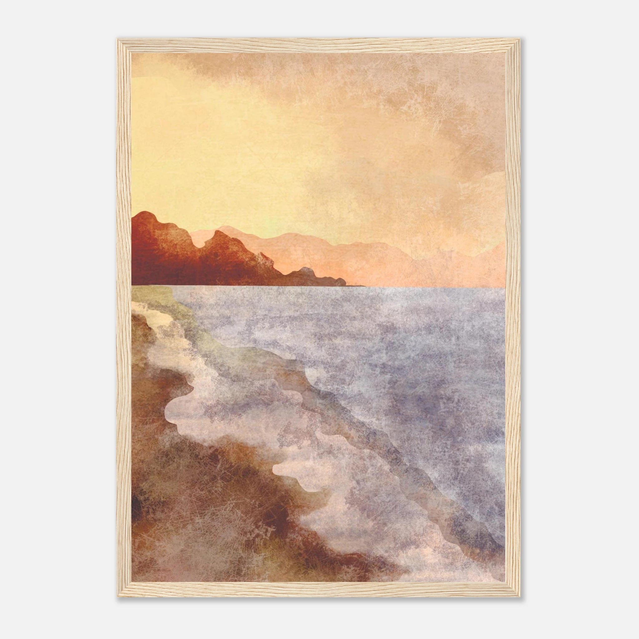 Wood frame - Golden Coastline – Watercolour Sunset Seascape Art Print - Daisy