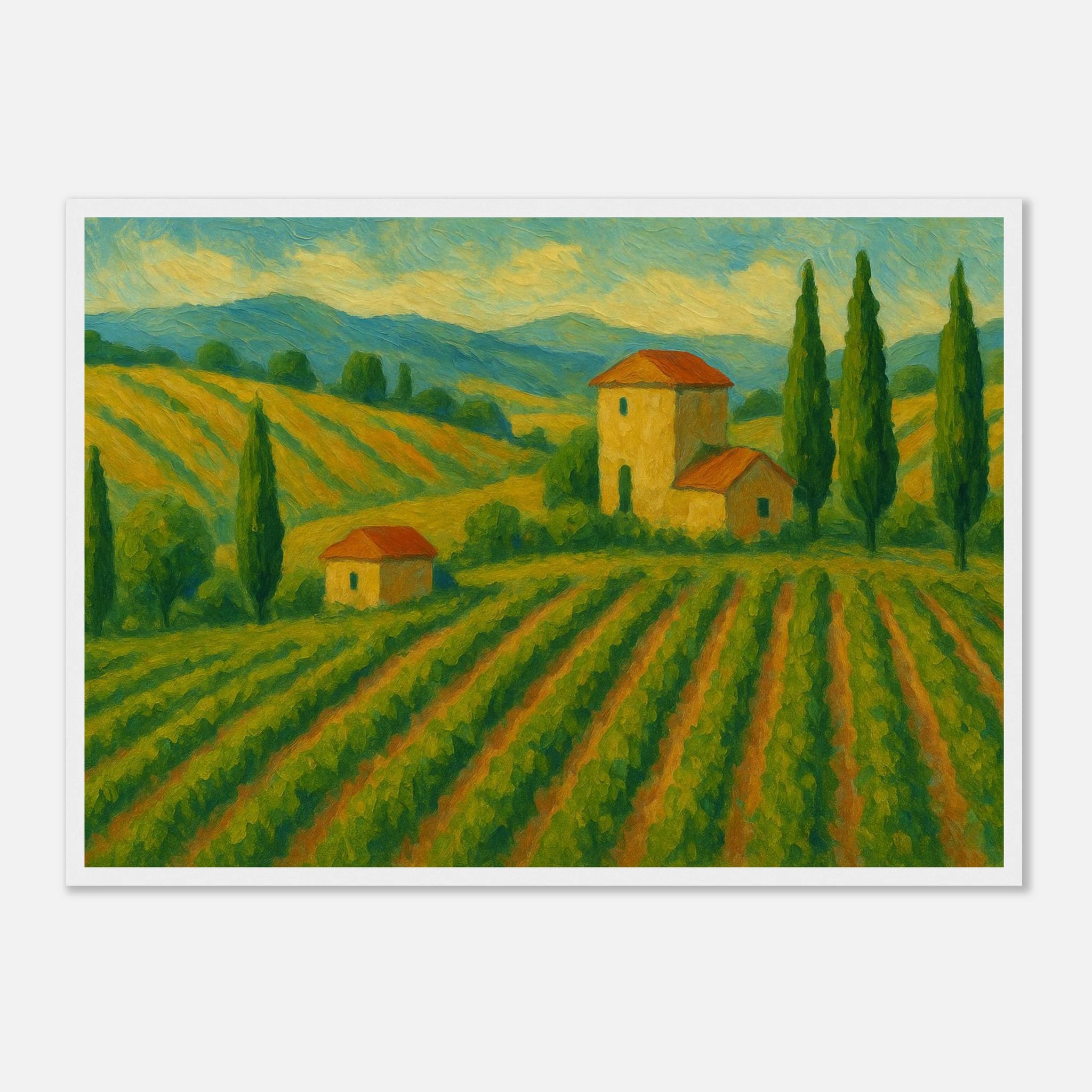 White frame A2 (42 x 59.4 cm) - Tuscan Serenity – Golden Vineyard Landscape Wall Art Print - Play By Print