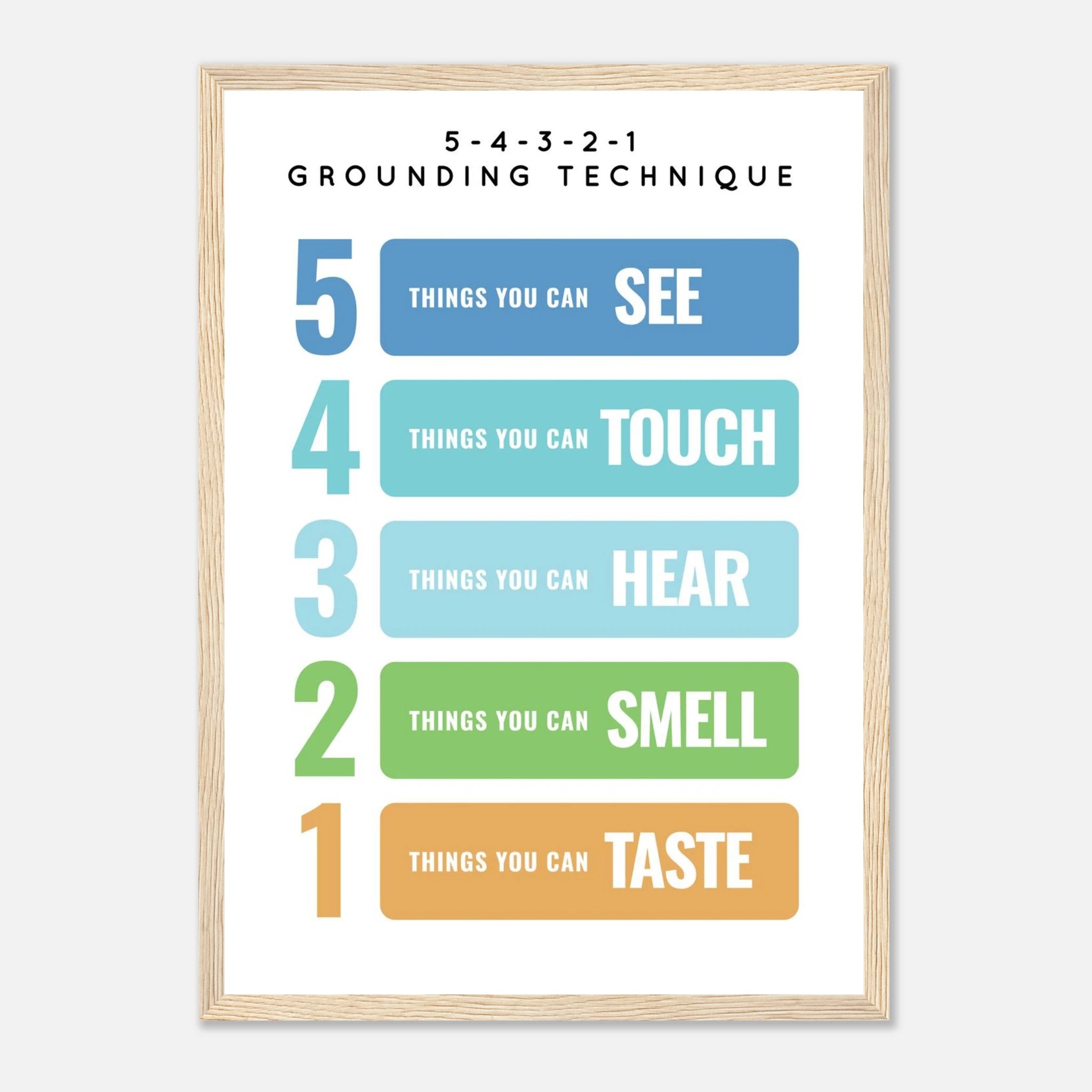 Wood frame - 5-4-3-2-1 Grounding Technique Poster | Mindfulness & Anxiety Support for Kids - Elena