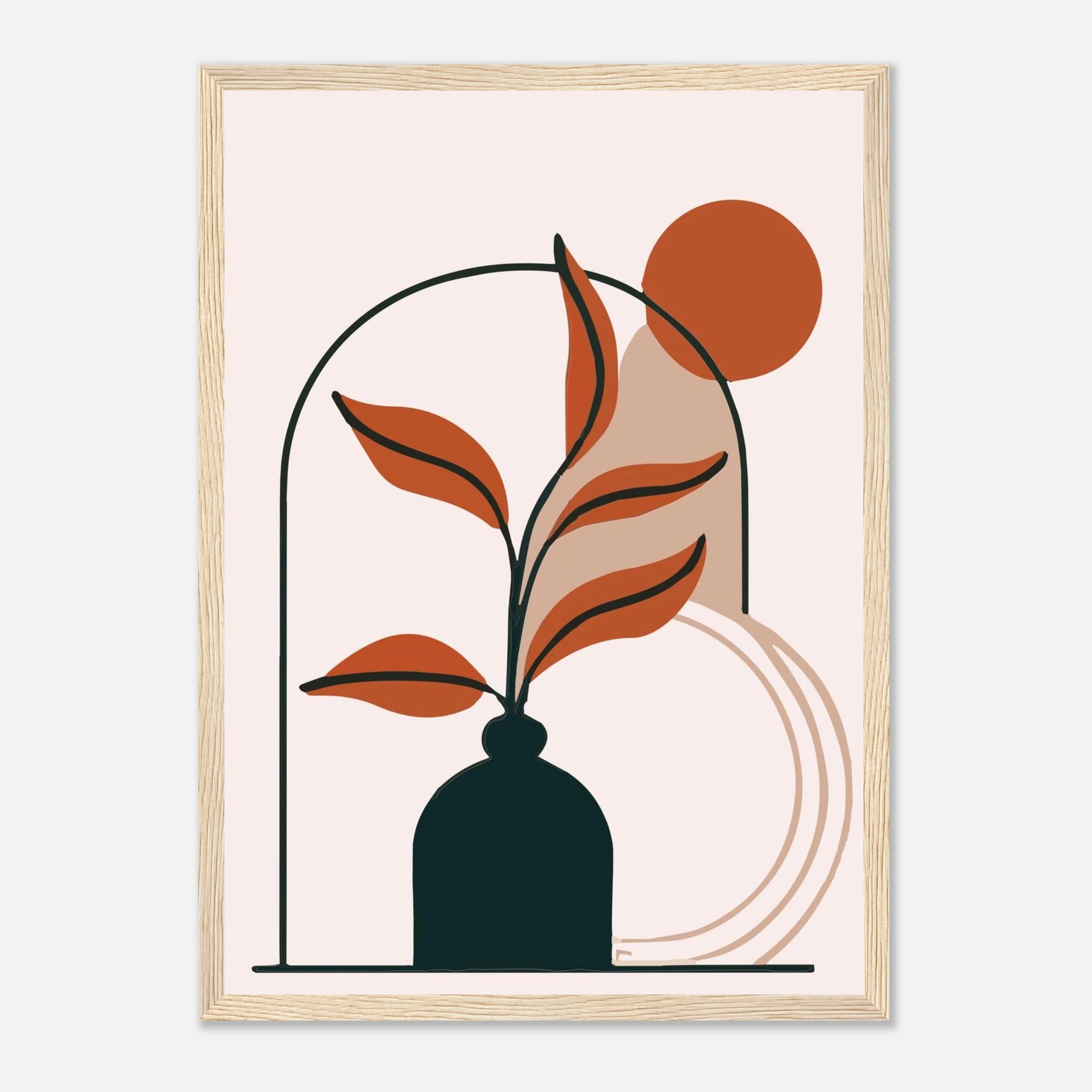 Wood frame - Terracotta Leaves in Vase Modern Abstract Wall Art - Jerin