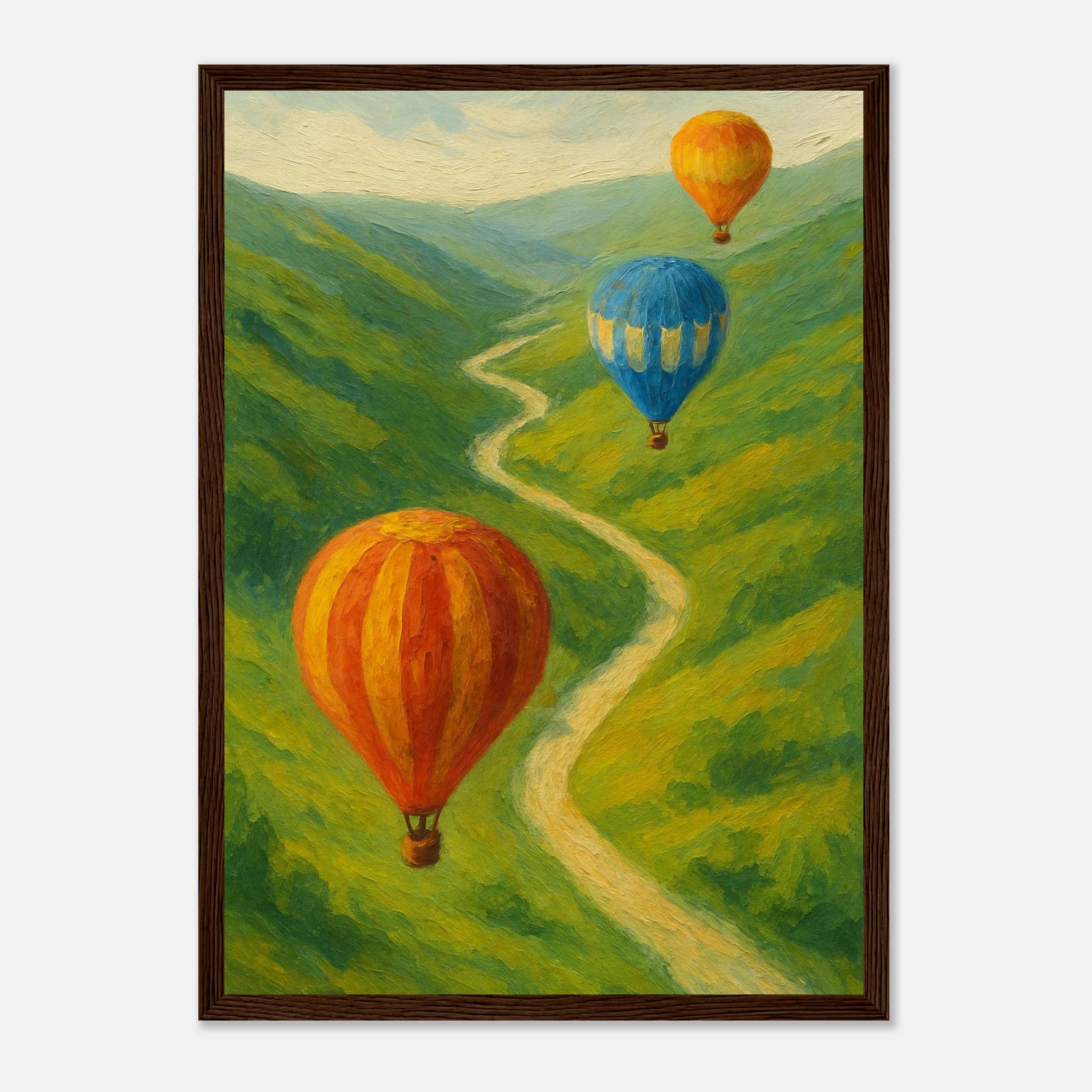 Dark wood frame A3 (29.7 x 42 cm) - Up & Away – Hot Air Balloons Over Green Hills Wall Art Print - Play By Print
