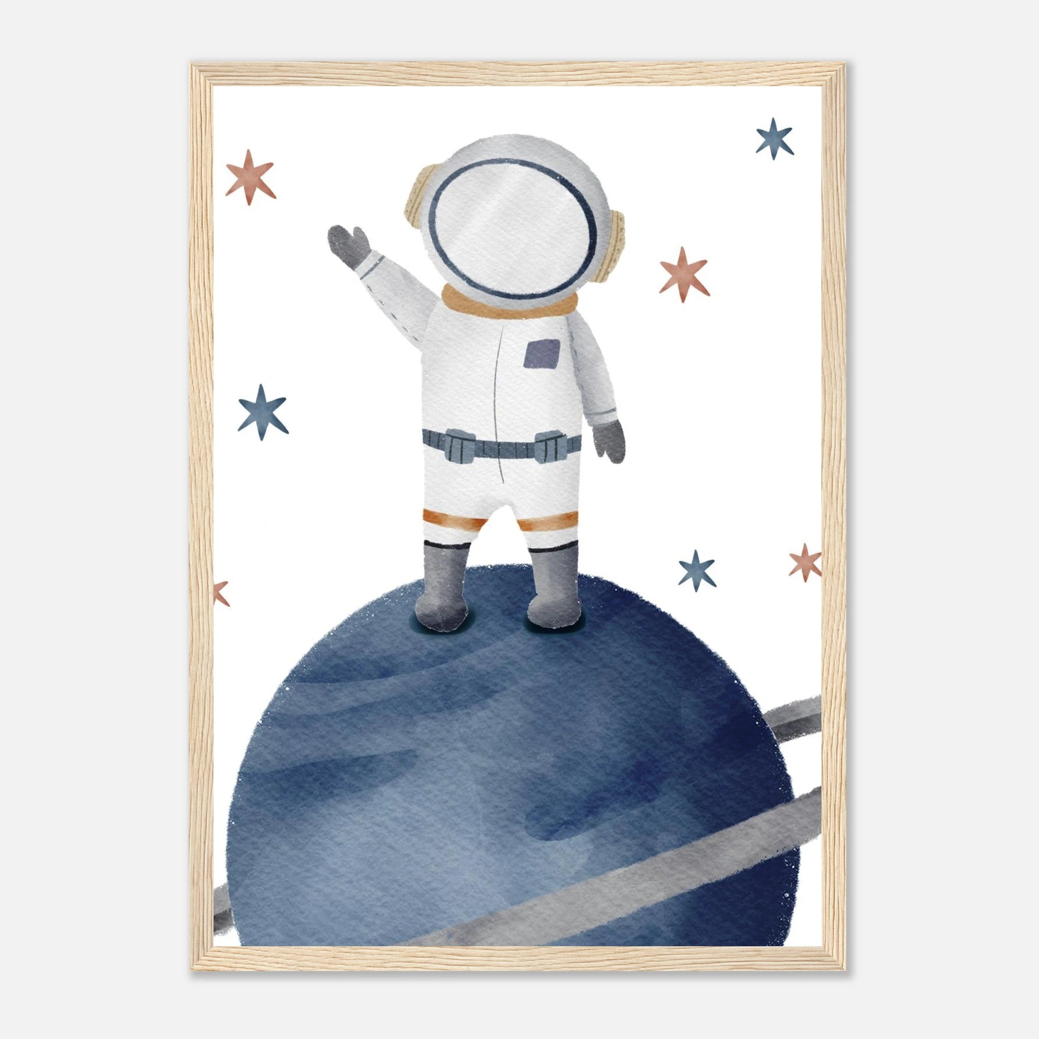 Wood frame - Watercolour Astronaut Standing on Planet Wall Art - Olga
