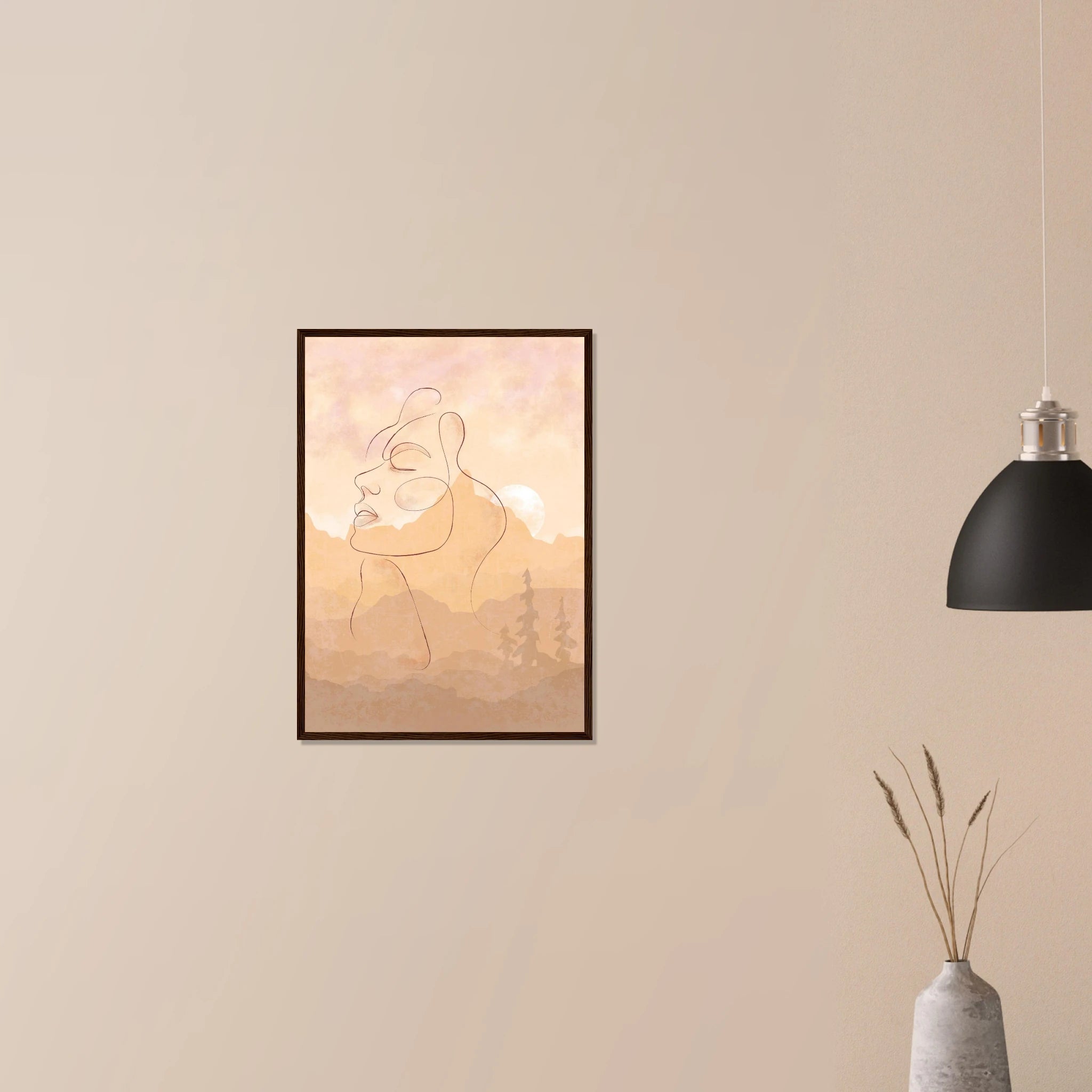 # all-groups - Sunset Muse – Minimal Line Art Portrait with Blush Mountain Landscape - Daisy