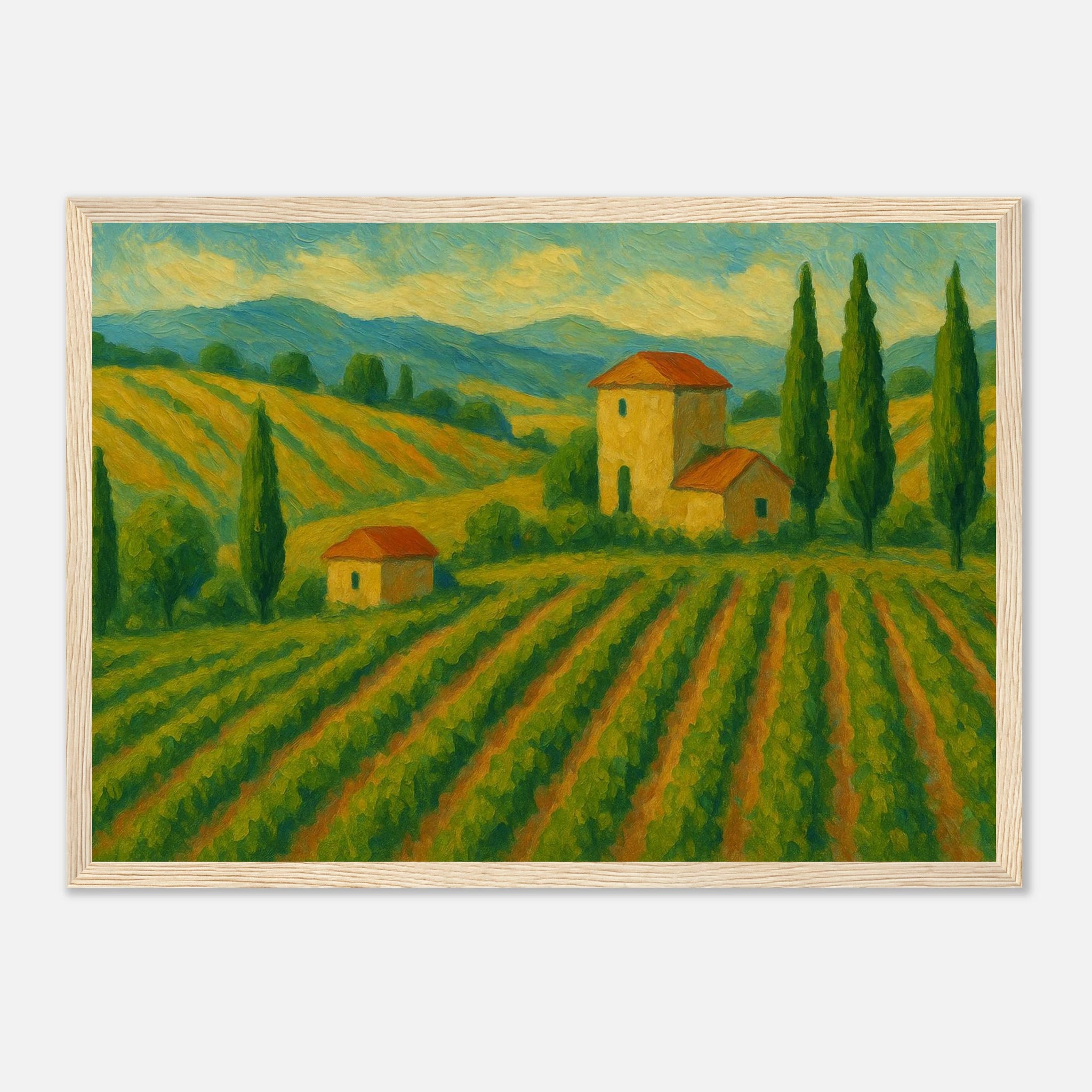 Wood frame A3 (29.7 x 42 cm) - Tuscan Serenity – Golden Vineyard Landscape Wall Art Print - Play By Print