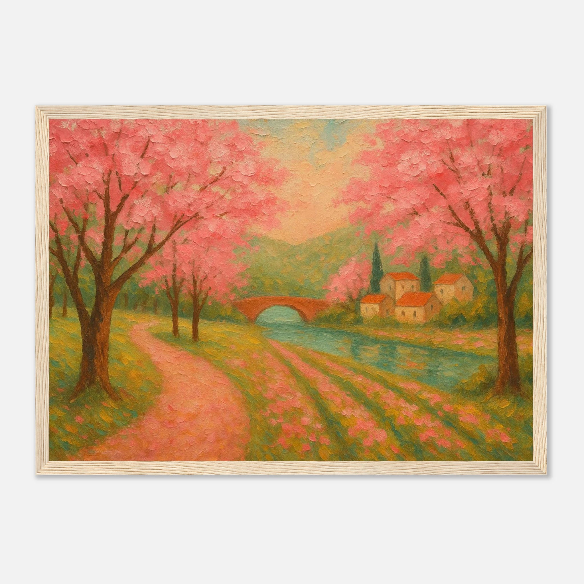 Wood frame A3 (29.7 x 42 cm) - Spring Cherry Blossom Lane – Pink Blossoms by the River Art Print - Play By Print