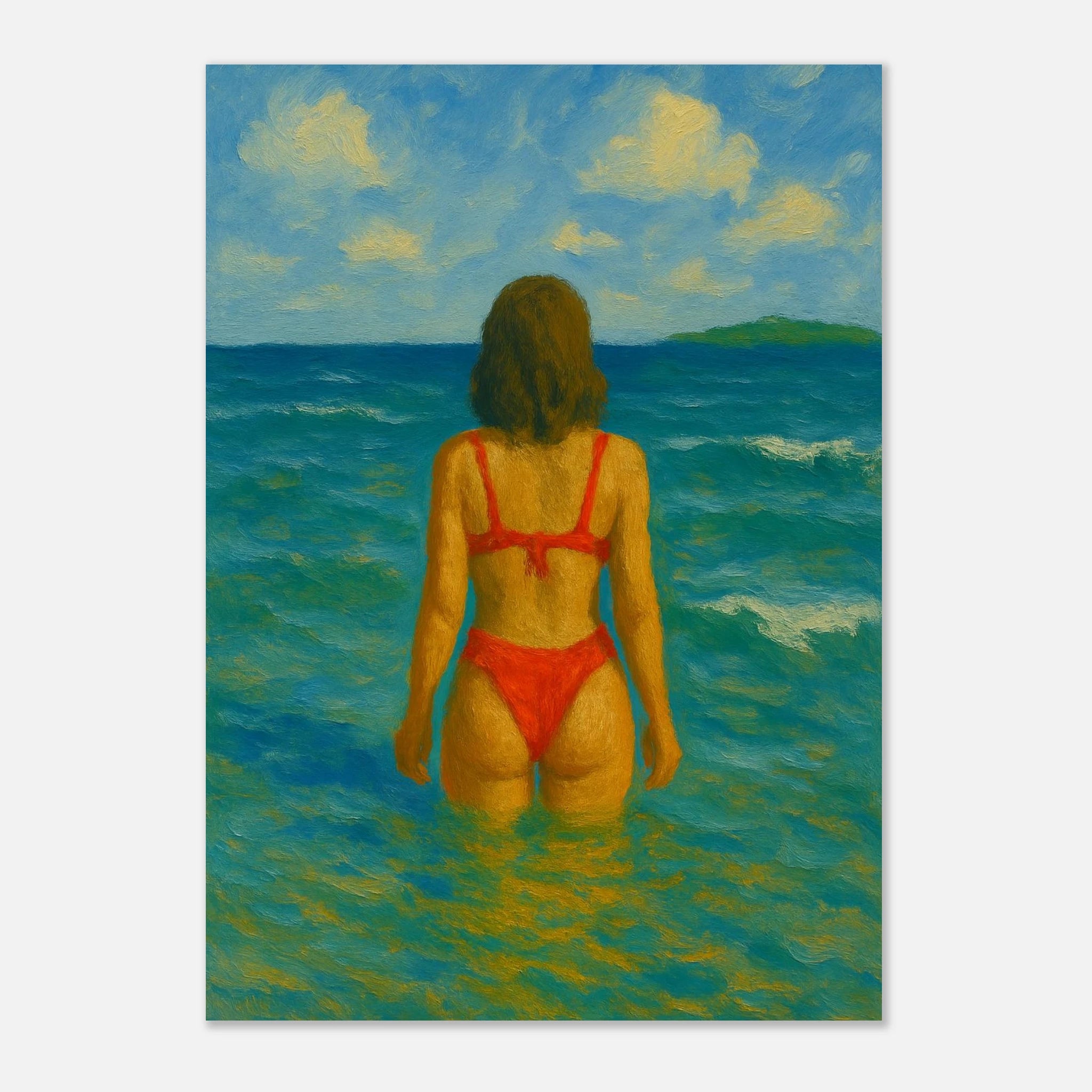 Unframed A2 (42 x 59.4 cm) - Back to the Horizon | Red Bikini Coastal Wall Art - Play By Print