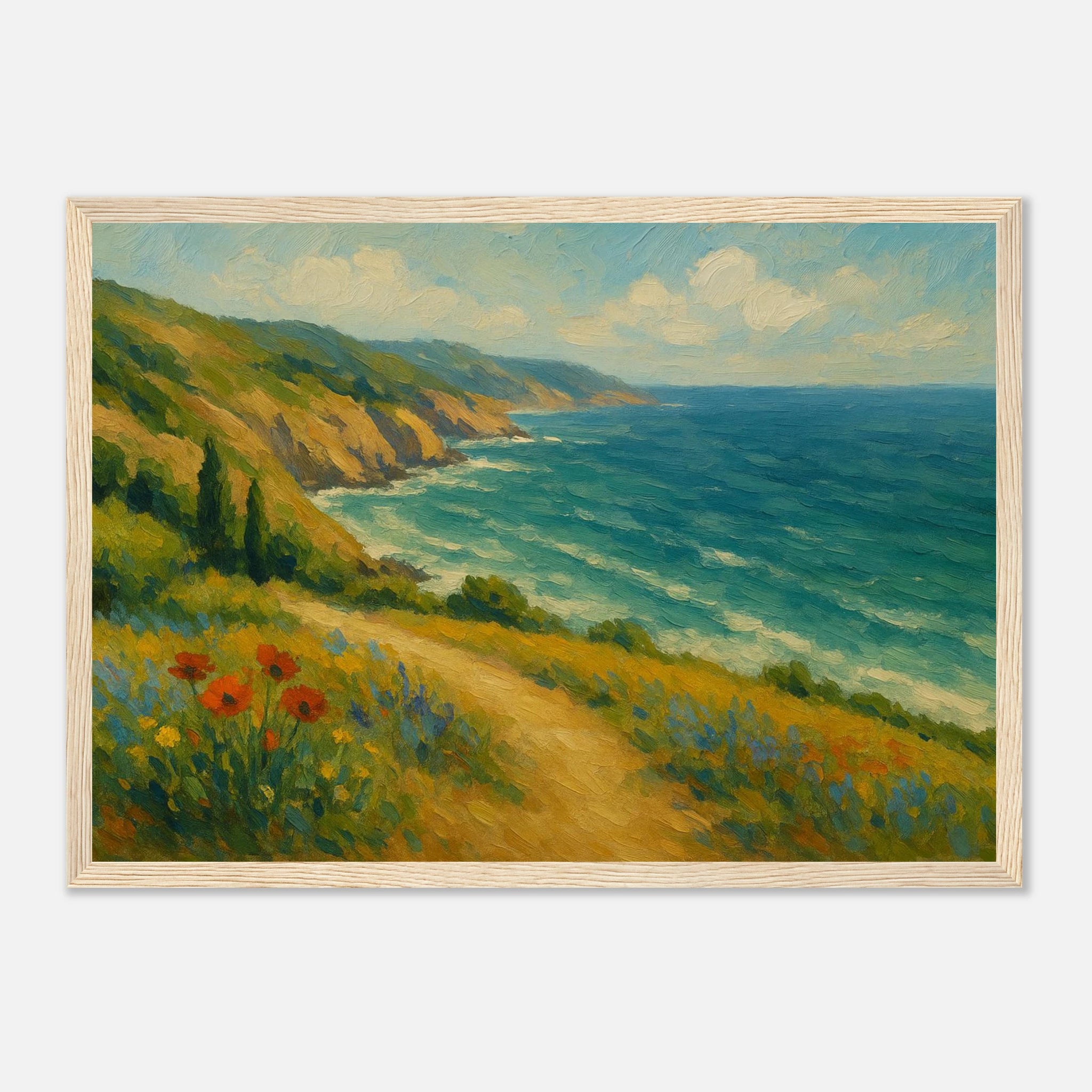 Wood frame A3 (29.7 x 42 cm) - “Coastal Wildflowers & Whispering Waves” | Ocean Cliff Landscape - Play By Print