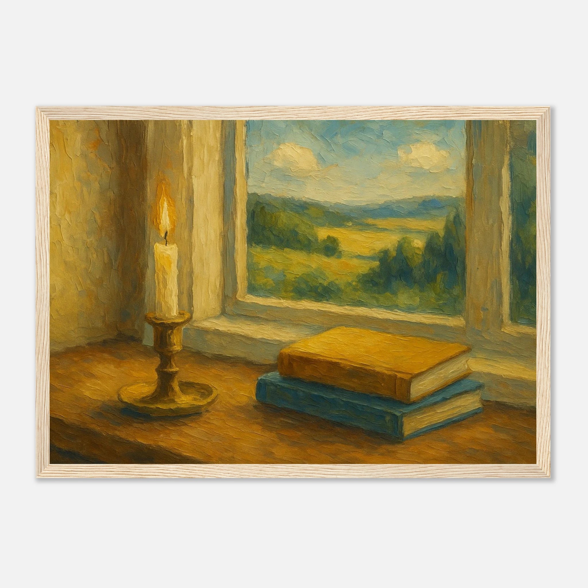 Wood frame A3 (29.7 x 42 cm) - “Golden Light & Quiet Pages” | Candlelit Window Still Life - Play By Print