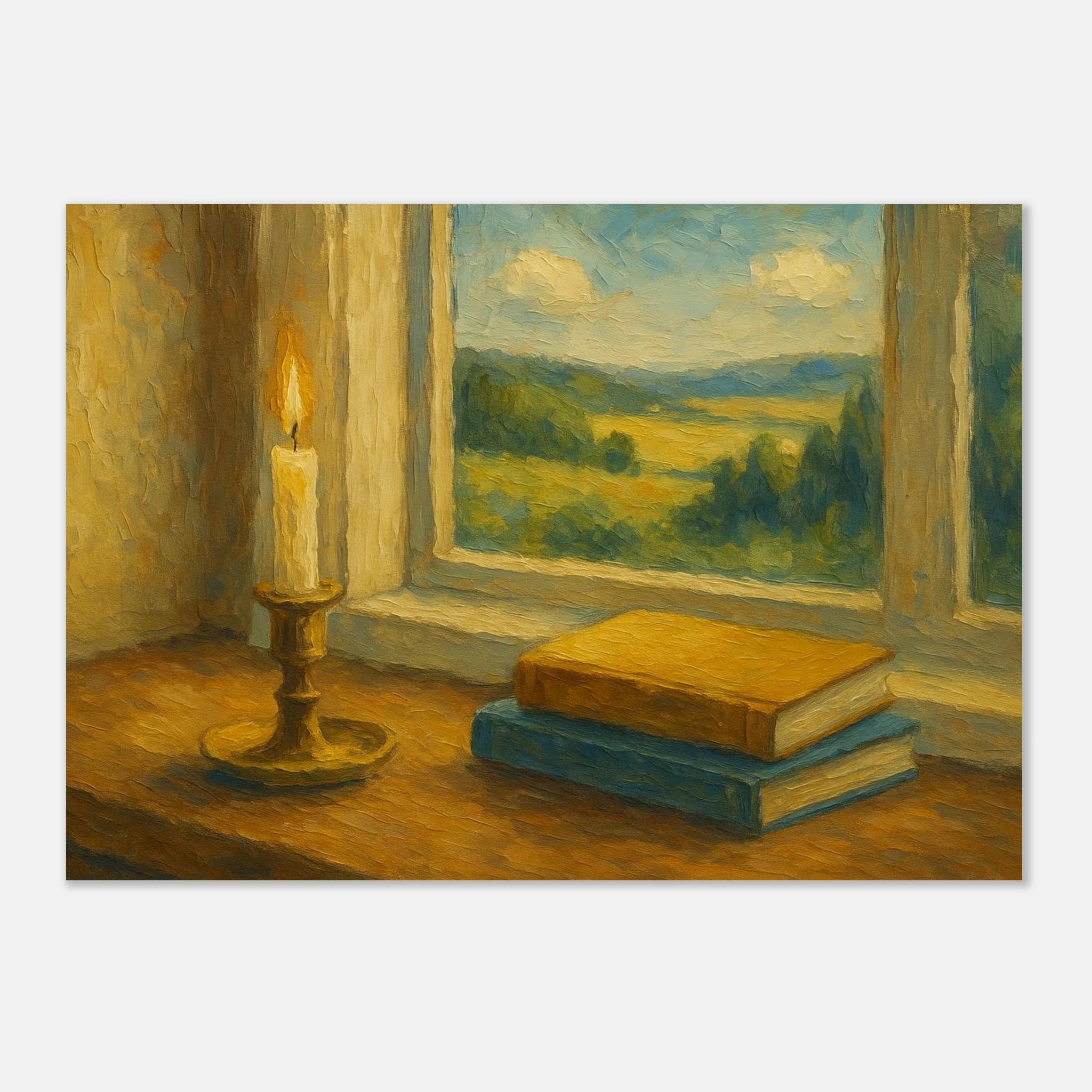 Unframed A3 (29.7 x 42 cm) - “Golden Light & Quiet Pages” | Candlelit Window Still Life - Play By Print