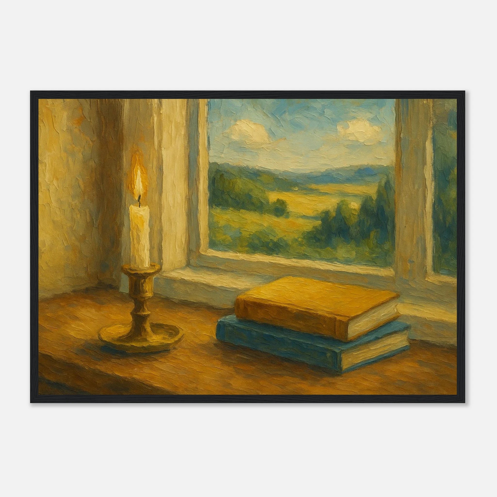 Black frame A2 (42 x 59.4 cm) - “Golden Light & Quiet Pages” | Candlelit Window Still Life - Play By Print