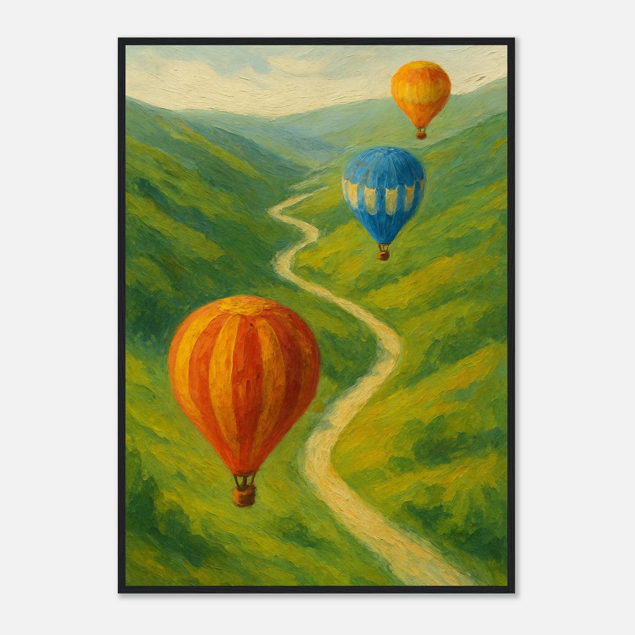 Black frame A1 (59.4 x 84.1 cm) - Up & Away – Hot Air Balloons Over Green Hills Wall Art Print - Play By Print